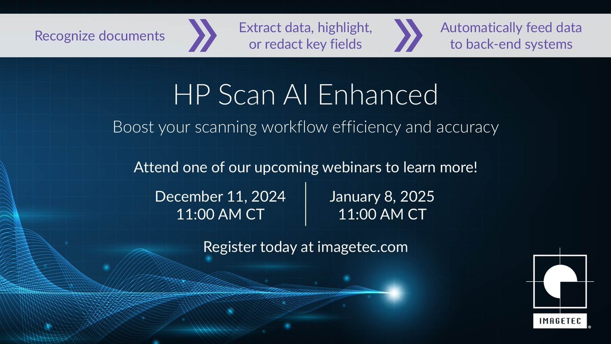 IMAGETECLP's tweet photo. Registration is now open! We're offering two webinar sessions featuring HP Scan AI Enhanced, our cutting-edge solution for boosting efficiency and accuracy in scanning workflows. Register today by visiting https://t.co/irvhGl5kD7. https://t.co/GEPin935F5
