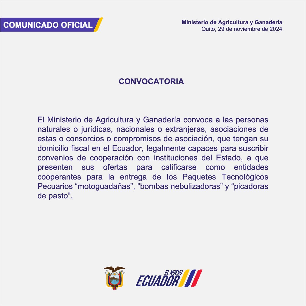 Convocatoria a la calificación de entidades cooperantes para la entrega de Paquetes Tecnológicos Pecuarios.

Conoce más en: bit.ly/3OsTn8a