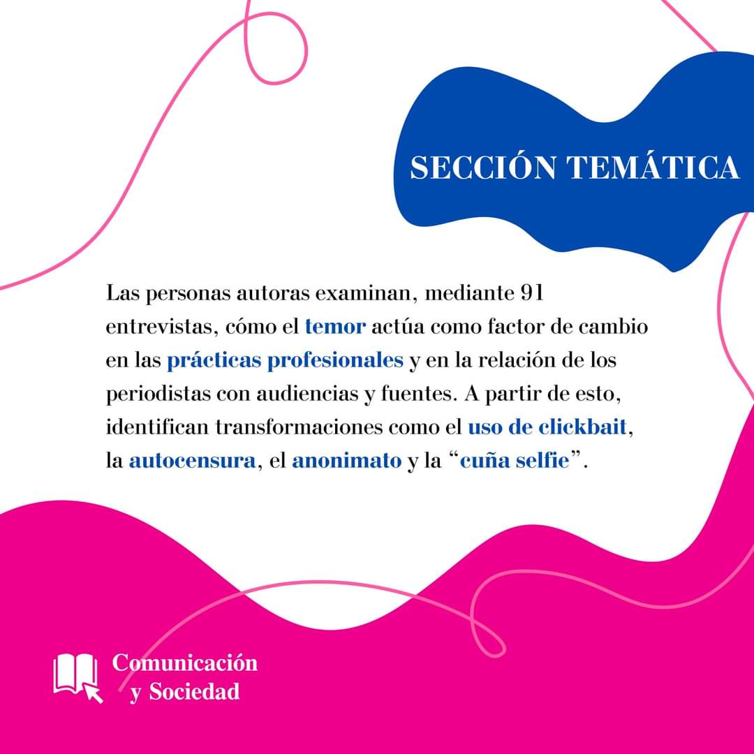 🖋️ Este artículo analiza cómo el temor actúa en el periodismo a partir del clickbait, la autocensura, entre otros elementos.  doi.org/10.32870/cys.v…

📑 #Investigación #Periodismo #MediosDeComunicación #RCyS #CySrevista