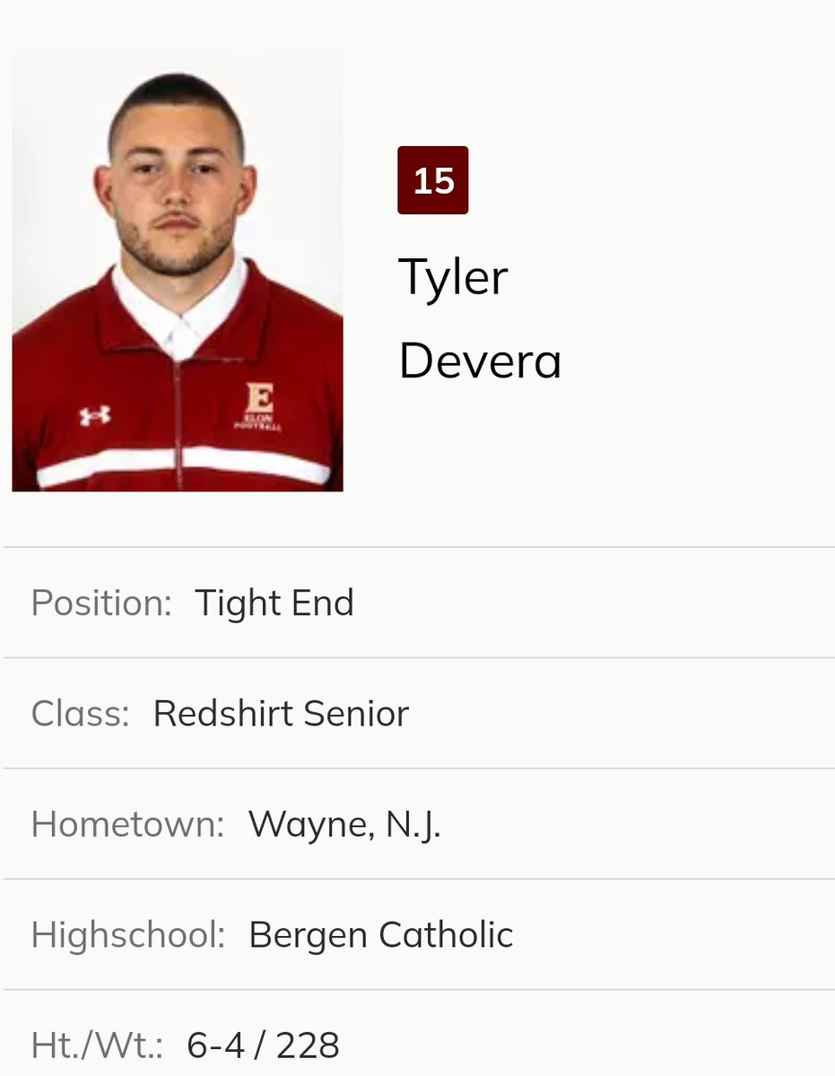 farrellportal's tweet photo. Elon TE Tyler Devera entered the portal as a grad transfer; he previously played at Maryland, New Mexico State and Stony Brook;  has totaled 37 rec for 465 yards and 5 TDs in his collegiate career @TylerDevera @mfarrellsports https://t.co/zekX9pdl5P