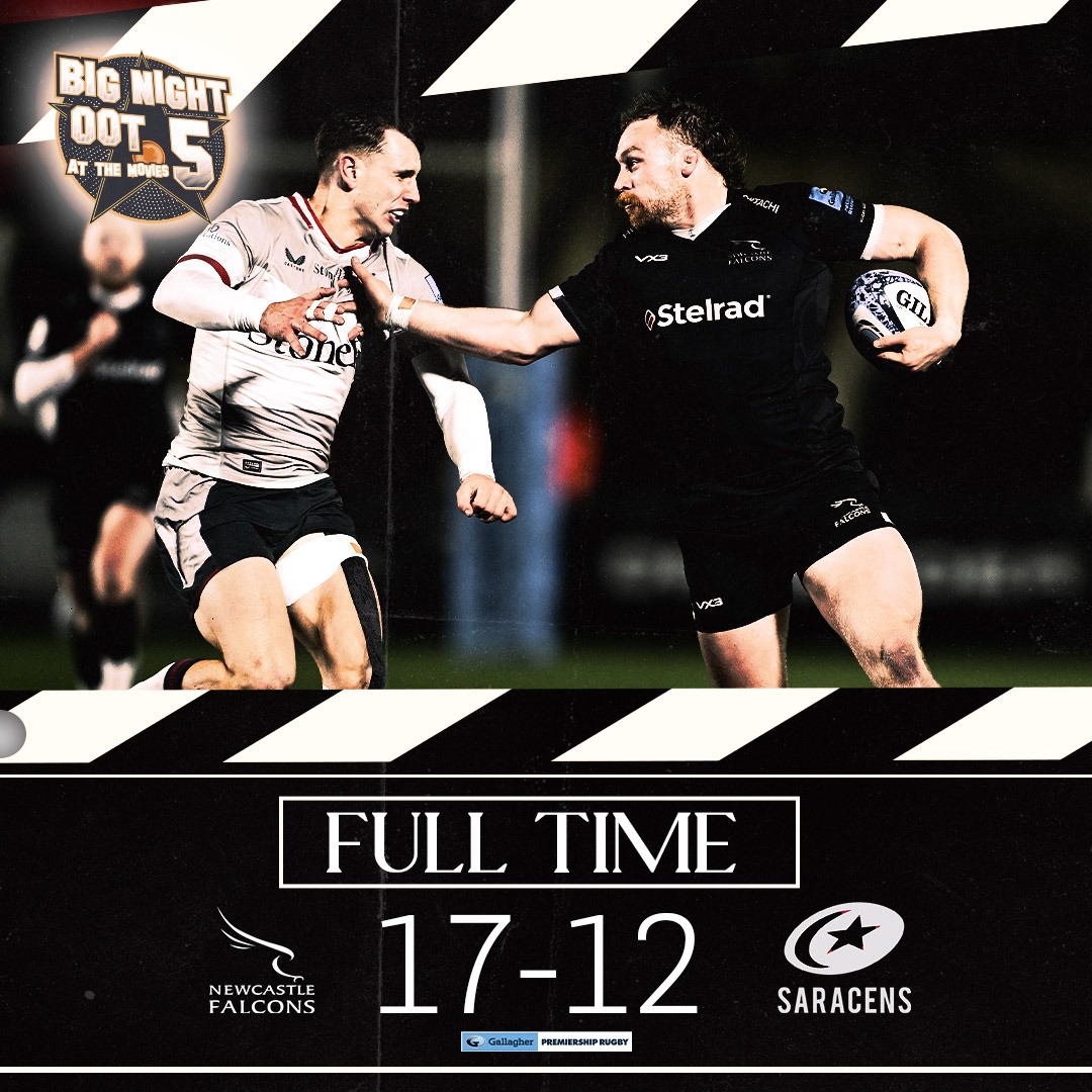 FT: Newcastle Falcons 17 Saracens 12.

We've done it!

In front of a season-high home crowd.

Thank you to everyone who contributed to a remarkable evening.

#TrueNorth