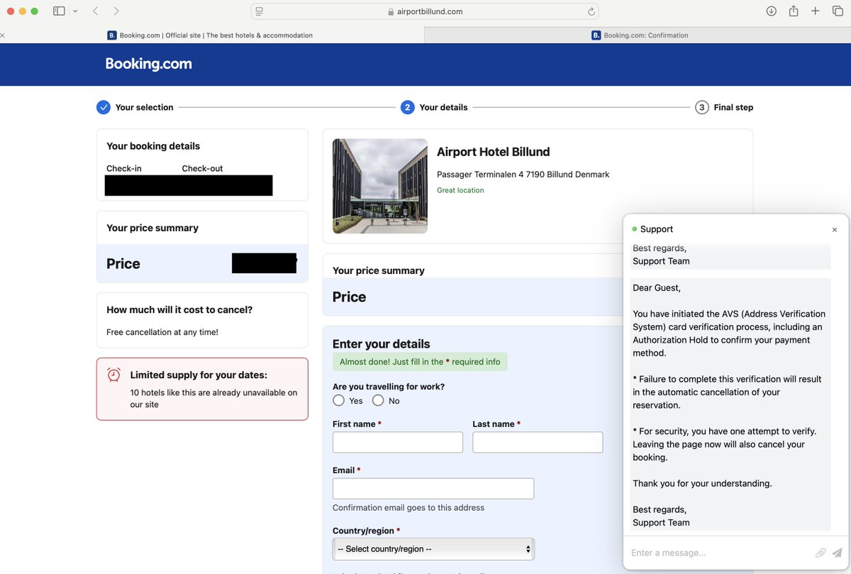 Jens Myrup Pedersen (@jens_myrup) on Twitter photo Hvis man har en booking på Airport Hotel Billund, foretaget gennem booking(.)com, så har man nok lige fået denne her mail. Virkeligt velgennemført phishing-angreb på baggrund af hvad jeg gætter på er en kompromittering af hotellets konto hos booking. Lad være med at udfylde noget Hvis man har en booking på Airport Hotel Billund, foretaget gennem booking(.)com, så har man nok lige fået denne her mail. Virkeligt velgennemført phishing-angreb på baggrund af hvad jeg gætter på er en kompromittering af hotellets konto hos booking. Lad være med at udfylde noget