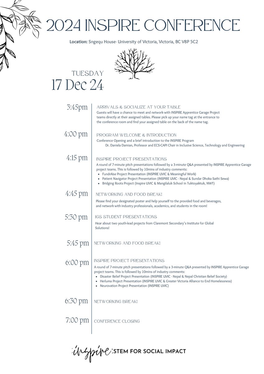 🎉 Join Us for the 3rd Annual INSPIRE Conference! 
📅 Date: Tuesday, Dec 17 | Time: 4-7 PM | Location: Sngequ House, UVic
🎟️ RSVP by Dec 2 via Eventbrite (tickets sell fast!)
🔗 eventbrite.ca/e/inspire-2024…