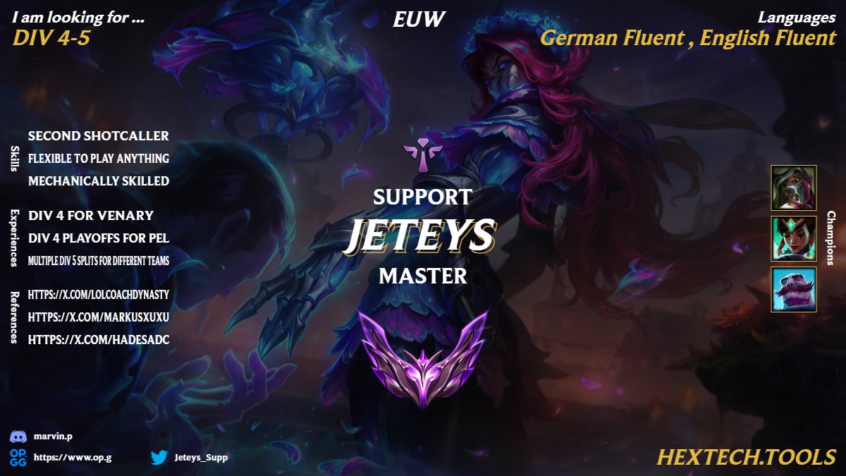 Greetings! 
Duo Bot DIV 4&amp;5 experience (250 &amp; 550 lp peak) LFT
Language: GER &amp; ENG
Open to all offers
DC: rokslei
residency: DACH
References: <a href="/LoLCoachDynasty/">Coach Dynasty</a> @Its_qyomi <a href="/markusxuxu/">Markusxuxu</a> 

op.gg/summoners/euw/…
op.gg/summoners/euw/…

<a href="/lft_prm/">LFT PRM</a> <a href="/LFTDiscord/">LFT Discord - lol/val/rl</a> <a href="/LFT_LoL_EU/">LFT_LoL_EU</a> <a href="/lft_prime/">Prime League LFT</a>