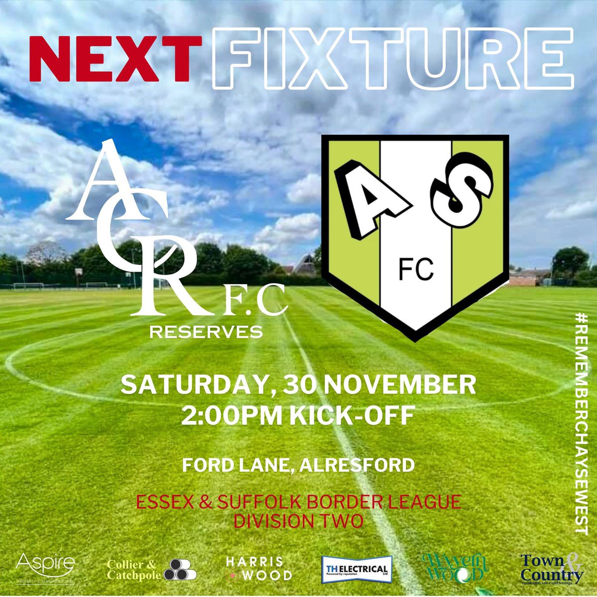𝗖𝗼𝗺𝗶𝗻𝗴 𝘂𝗽 𝘁𝗼𝗺𝗼𝗿𝗿𝗼𝘄 !!

Tomorrow the lads welcome <a href="/assington_fc/">Assington Stanley Fc</a> to Ford lane. a new opponent for us and we’re looking forward to it.
🏆<a href="/E_SBorderLeague/">Essex & Suffolk Border League</a>  div 2
📍Ford lane
⏰ 2 pm
#acr
#rememberchaysewest