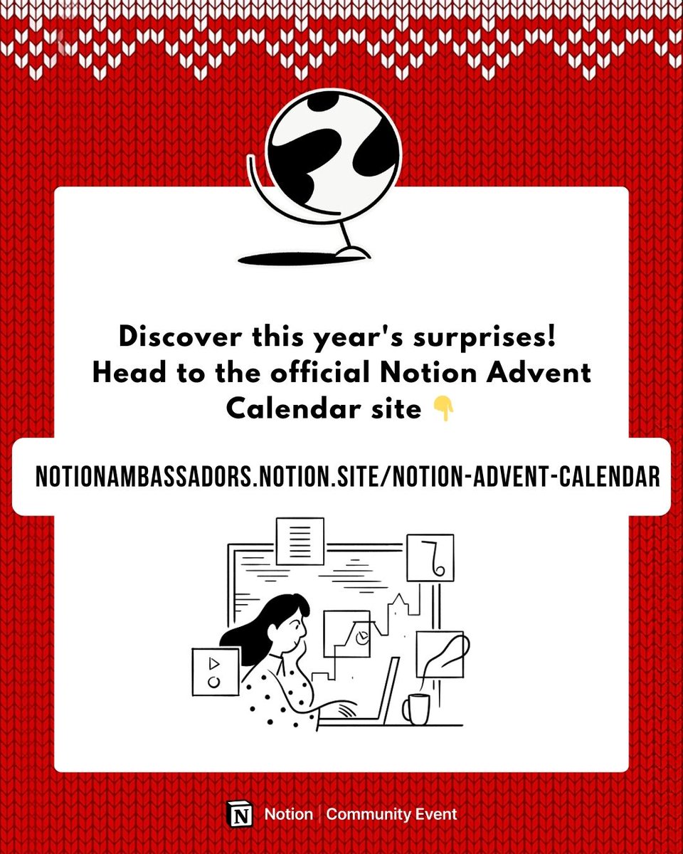 NotionFlows's tweet image. The idea is super simple:
Every day from December 1st to 31st, a new gift is revealed—Notion templates, courses, widgets, etc.—most of them free and all created by official Notion Ambassadors. 🤓✨
#NotionAdventCalendar