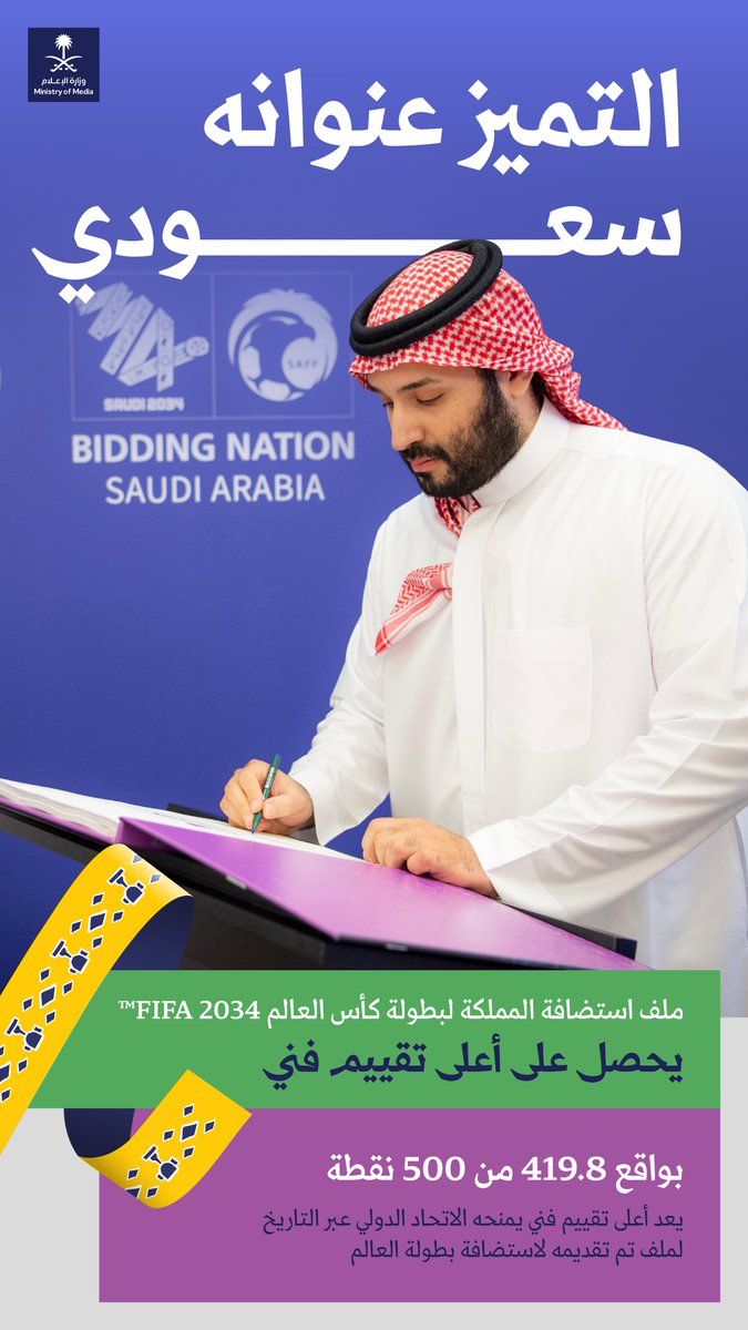 media_ksa's tweet photo. التميز عنوانه سعودي؛ ملف #ترشح_السعودية2034 يحصل على أعلى تقييم فني في تاريخ استضافة الحدث العالمي. https://t.co/VyfjmrVusM