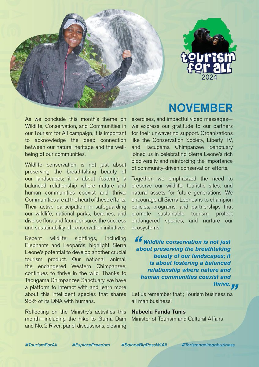 Ministry Of Tourism and Cultural Affiars (@mtcasierraleone) on Twitter photo Sierra Leone's Minister of Tourism and Cultural Affairs, <a href="/NabeelaTunis/">Nabeela Tunis</a> November's message in the Tourism for All Campaign themed: Wildlife Conservation and Communities
<a href="/PresidentBio/">Barram</a>
<a href="/pololikashvili/">Zurab Pololikashvili</a>
<a href="/Tacugama/">Tacugama</a>
<a href="/touristboardsl/">TouristBoard S.L</a>
<a href="/VoyagesAfriq/">#VoyagesAfriq</a>
<a href="/MoiceComm/">Ministry of Information & Civic Education S/Leone</a> Sierra Leone's Minister of Tourism and Cultural Affairs, <a href="/NabeelaTunis/">Nabeela Tunis</a> November's message in the Tourism for All Campaign themed: Wildlife Conservation and Communities
<a href="/PresidentBio/">Barram</a>
<a href="/pololikashvili/">Zurab Pololikashvili</a>
<a href="/Tacugama/">Tacugama</a>
<a href="/touristboardsl/">TouristBoard S.L</a>
<a href="/VoyagesAfriq/">#VoyagesAfriq</a>
<a href="/MoiceComm/">Ministry of Information & Civic Education S/Leone</a>