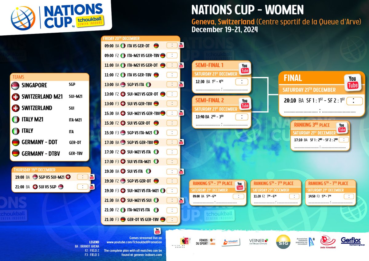The game plan for the 2024 Nations Cup - women category has been revealed!

Will the Italian women be able to defend their title and claim the trophy? 🏆

#GenevaIndoors #TGI #Tchoukball #NationsCup #Tchouksuisse #TchoukballGeneve #TGI2024