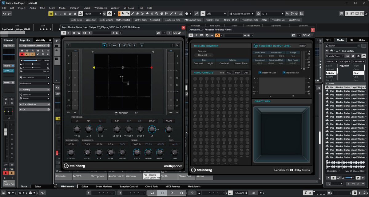 garywright2's tweet photo. Mixing in Dolby Atmos is wild and may be the end of my sanity! There are 7 surround speakers, 1 bass speaker, and 4 ceiling speakers (Dolby 7.1.4). I can place 128 objects at a time in 3D space to make it sound like bullets whiz by your head, or a helicopter is flying above, etc. https://t.co/RrslaBWjJL