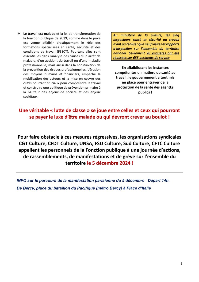 #5décembre2024 #FonctionPublique #PLFSS Communiqué intersyndical culture LES CARENCES DE LA MACRONIE
Grève et manifestations partout en France le 5 décembre ! A Paris 14h à Bercy