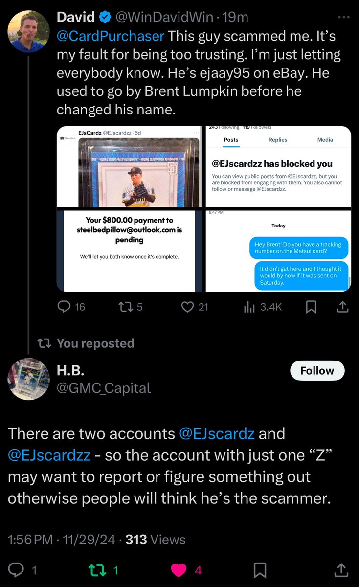 EJsCardz (@ejscardz) on Twitter photo Please report @EJscardzz !!!! His trying to mimic my account and scam people!!
<a href="/CardPurchaser/">Card Purchaser</a> Please report @EJscardzz !!!! His trying to mimic my account and scam people!!
<a href="/CardPurchaser/">Card Purchaser</a>