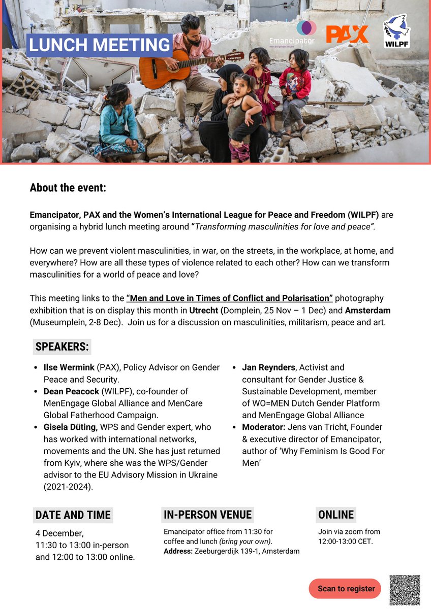 4/12 12-13 CET Hybrid Lunch Meeting: Transforming masculinities for love and peace <a href="/emancipator_nl/">Emancipator</a> <a href="/PAXvoorvrede/">PAX voor vrede</a> <a href="/WILPF/">WILPF</a>
emancipator.nl/event/lunch-me…