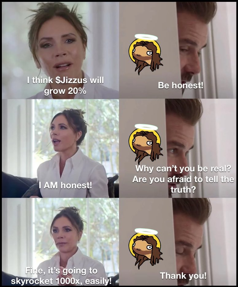 JizzusToken's tweet image. Be honest, Victoria… 🙏😂
$Jizzus to the moon and beyond! 🚀 1000x is just the beginning 😇

#jizzustoken #victoriabeckham #DavidBeckham #crypto #memecoin #BULLCEMBER