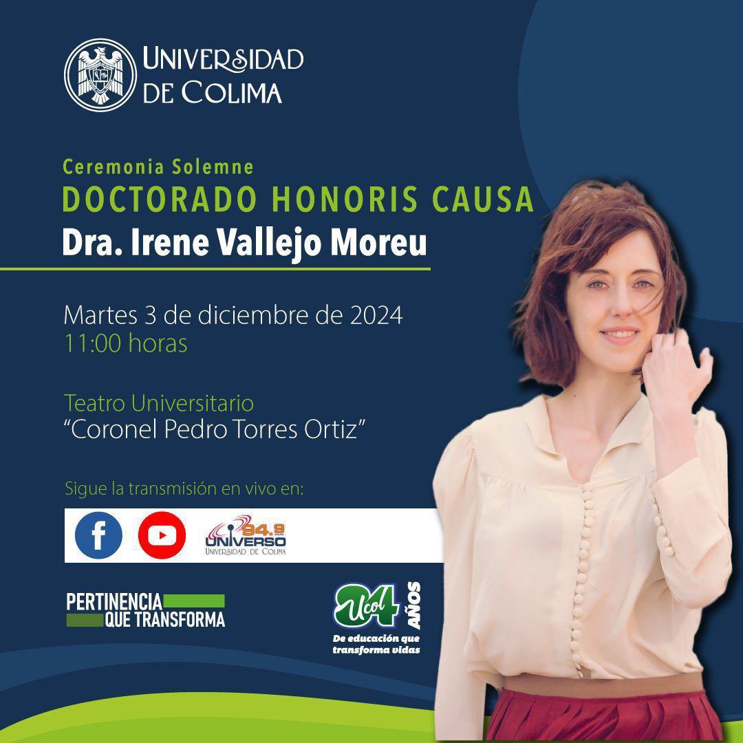 La Universidad de Colima (México) me concede un Doctorado Honoris Causa el próximo martes 3 a las 11 h. Gracias por valorar a esta mujer, no de armas tomar, sino de palabras tomar.

La ceremonia se podrá seguir en las redes de UDEC o en <a href="/UNIVERSO949/">Universo 94.9</a>
📷 <a href="/JorgeFuembuena/">Jorge Fuembuena</a>
