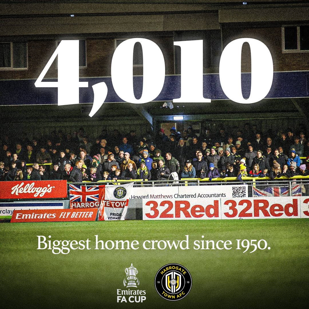 EmiratesFACup's tweet photo. A history-making night for @HarrogateTown as they progress to the #EmiratesFACup third round 👏 https://t.co/Gj3BY2vx9z
