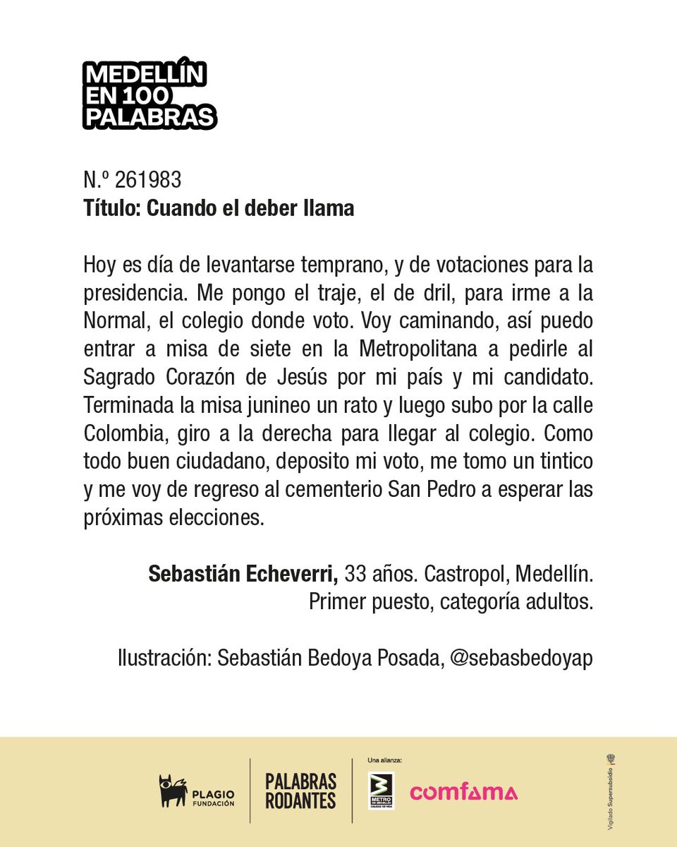 MateoIsazaG's tweet photo. El cuento ganador de Medellín en 100 palabras en la categoría adultos.

Cuando el deber llama ⚰️🗳️ https://t.co/7NkSdye783