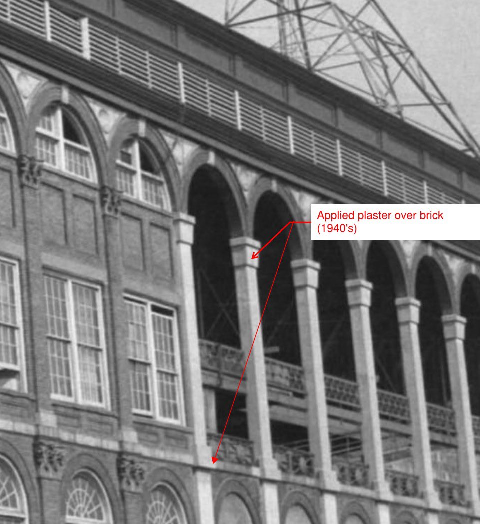 SportsBandbox's tweet photo. In the 1940’s, the exterior brick columns that supported the open arches at Ebbets Field were coated with cementitious plaster to hide the spalling and deteriorating masonry. It’s a good opportunity to mock up the exterior masonry color at #VirtualEbbetsField. #Brooklyn #Dodgers https://t.co/t0QhALmpT8