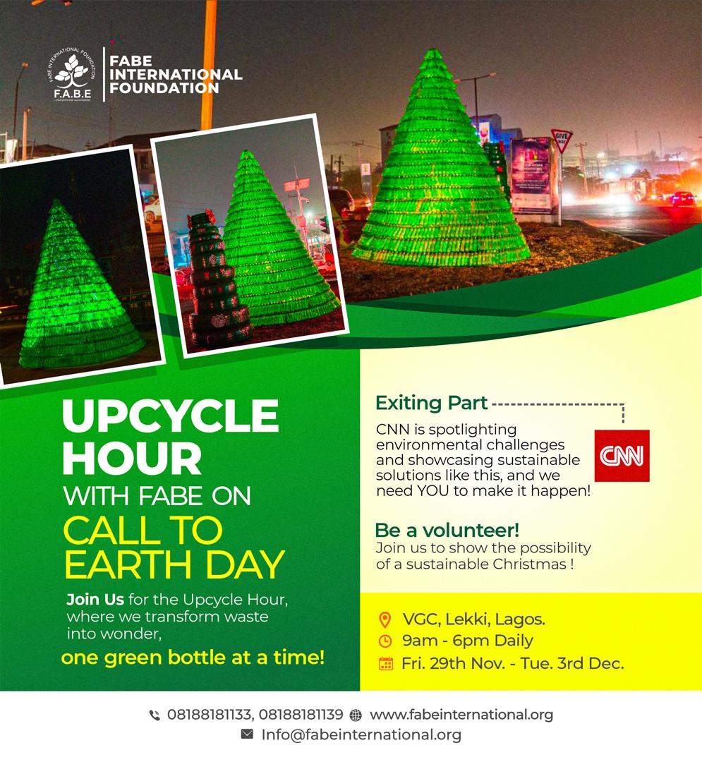 fabenigeria's tweet photo. Let's turn waste into wonder!
Join us in building a Giant Christmas EcoTree for #CallToEarth Day in Lagos using non-recyclable green bottles!
Volunteer now: https://t.co/IUpE7fWv1a
#WasteToWonder #EcoChristmas #SustainableVGC #UpcycleHourWithFABE
@CNN @CNNAfrica https://t.co/01CfM9i2og