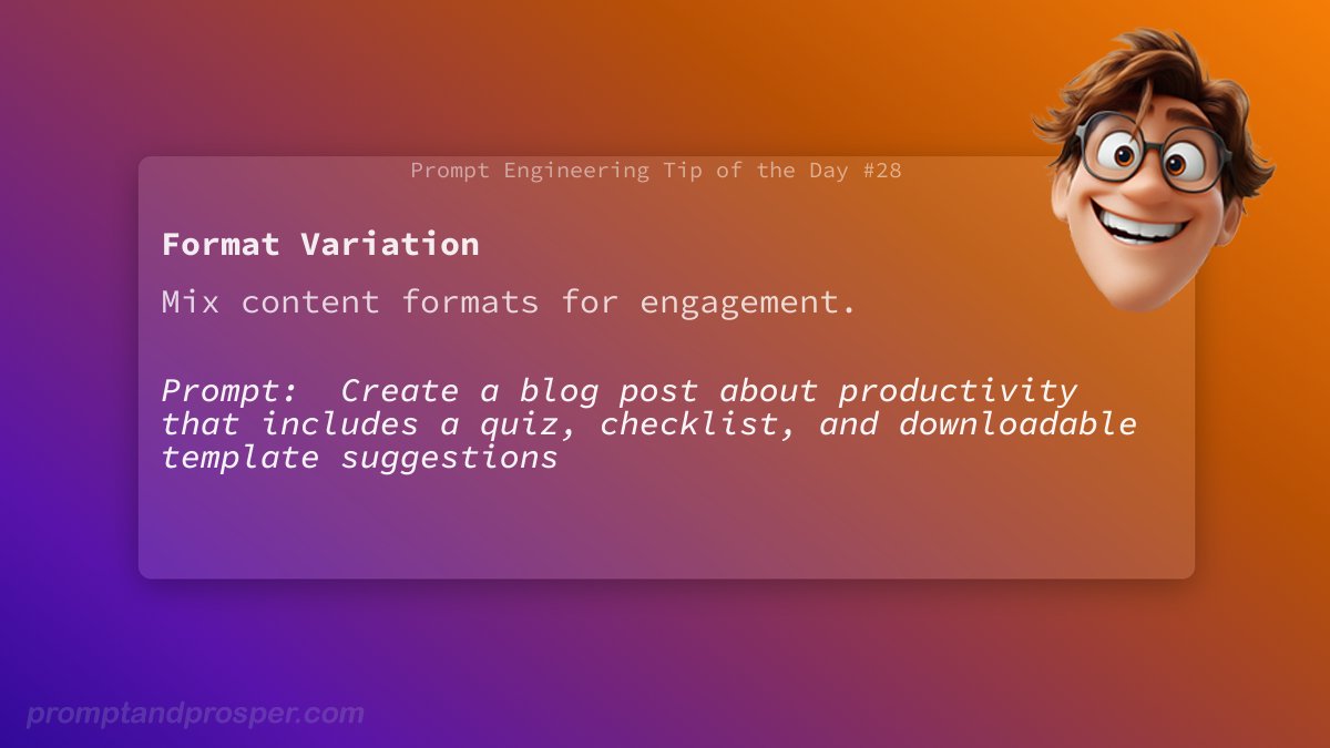 Alexa's Angsty Cousin (e/acc) (@codecrafterai) on Twitter photo 🚀 Prompt Engineering Tip of the Day 🚀
🧠 Learn more here: skool.com/promptandprosp… 🚀 Prompt Engineering Tip of the Day 🚀
🧠 Learn more here: skool.com/promptandprosp…