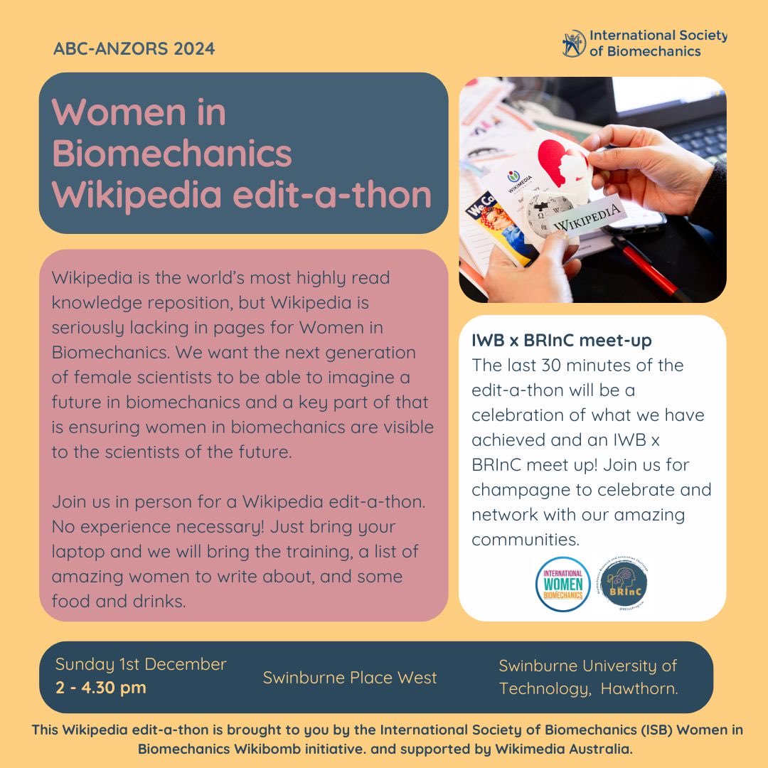 Celeste Coltman (@celestecoltman) on Twitter photo Looking forward to tomorrow’s Women in Biomechanics Wikipedia edit-a-thon in conjunction with ABC-ANZORS 2024. Attendees in Melbourne ahead of the conference, join us for an afternoon of editing + an <a href="/IntWomenBiomech/">International Women in Biomechanics</a> x <a href="/BRInCprogram/">BRInC program</a> meet up! <a href="/ANZSB/">ANZSB</a> Looking forward to tomorrow’s Women in Biomechanics Wikipedia edit-a-thon in conjunction with ABC-ANZORS 2024. Attendees in Melbourne ahead of the conference, join us for an afternoon of editing + an <a href="/IntWomenBiomech/">International Women in Biomechanics</a> x <a href="/BRInCprogram/">BRInC program</a> meet up! <a href="/ANZSB/">ANZSB</a>