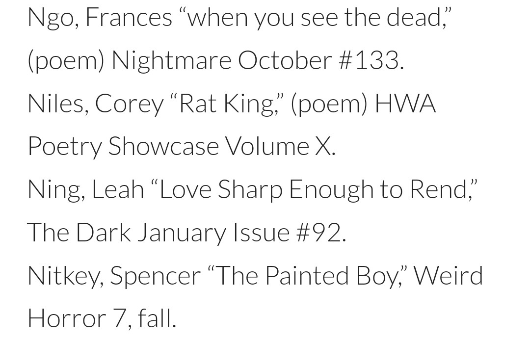 Woke up this morning to find out my story from <a href="/thedarkmagazine/">The Dark</a> is on <a href="/EllenDatlow/">Ellen Datlow</a>'s recommendations list?? Floored. Cannot believe I am on this particular list with such a cool bunch of people. I'll just be over here screaming for the rest of the day. Thank you for the rec!!!