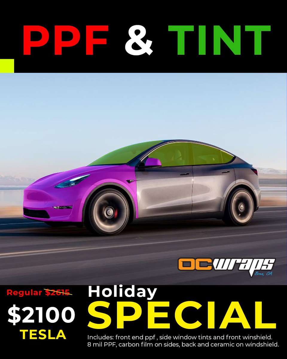 Holiday special 

Protect Your Ride with the Best!

Give your vehicle the ultimate shield with our **Paint Protection Film** and **Ceramic Tint**!

Paint Protection Film Benefits:
- Guards against scratches, chips, and road debris 
- Preserves your car's glossy finish 
- Easy to
