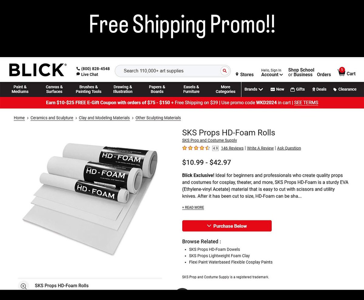 Just a heads up my friends Blick is running a FREE shipping promo on orders over $39! Which means you can stock up with my HD-Foam Cosplay Bundles (2,6,10mm) for the Holidays or the upcoming con season! 
Shop Here bit.ly/2NECyrU