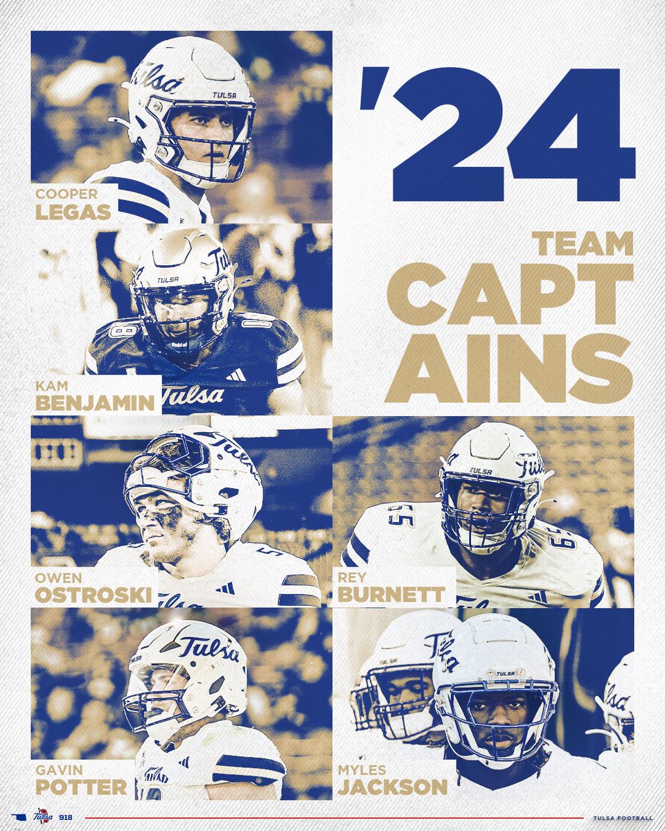 Tulsa Football (@tulsafootball) on Twitter photo As voted on by their teammates, the 2024 Team Captains 🫡
<a href="/cooperlegas/">coops</a>
<a href="/Kamdyn_Benjamin/">KB</a>
<a href="/owenostroski_/">Owen Ostroski</a>
<a href="/gavinnpotter/">Gavin Potter</a>
<a href="/Rey_Burn78/">Rey</a>
<a href="/_mylesjackson/">Myles Jackson</a>
#ReignCane As voted on by their teammates, the 2024 Team Captains 🫡
<a href="/cooperlegas/">coops</a>
<a href="/Kamdyn_Benjamin/">KB</a>
<a href="/owenostroski_/">Owen Ostroski</a>
<a href="/gavinnpotter/">Gavin Potter</a>
<a href="/Rey_Burn78/">Rey</a>
<a href="/_mylesjackson/">Myles Jackson</a>
#ReignCane