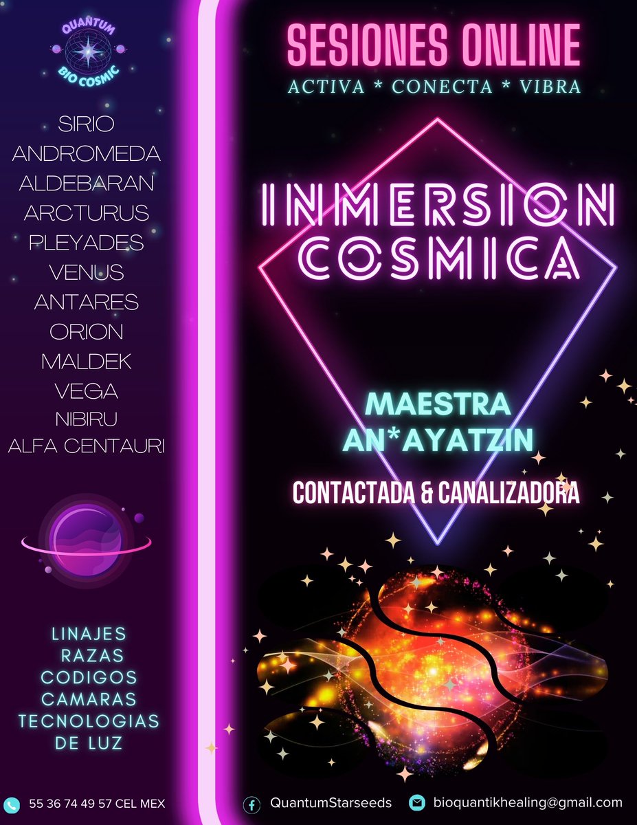 org_trascender's tweet photo. 🛸 INMERSION COSMICA ® 🌟
SESIONES | TALLERES  | RETIROS
RECIBE GUIA COSMICA ☀EXPANDE TU CONCIENCIA
ACELERA TU EVOLUCION ☀ ACCEDE A TU SER INTERDIMENSIONAL
ESTELAR 💠 COSMICO 💠 GALACTICO 💠 UNIVERSAL 💠 OMNIVERSAL
⚜ Maestra AN*AYATZIN ÆTERNA
COMUNICADORA INTERDIMENSIONAL https://t.co/en1UHPch68