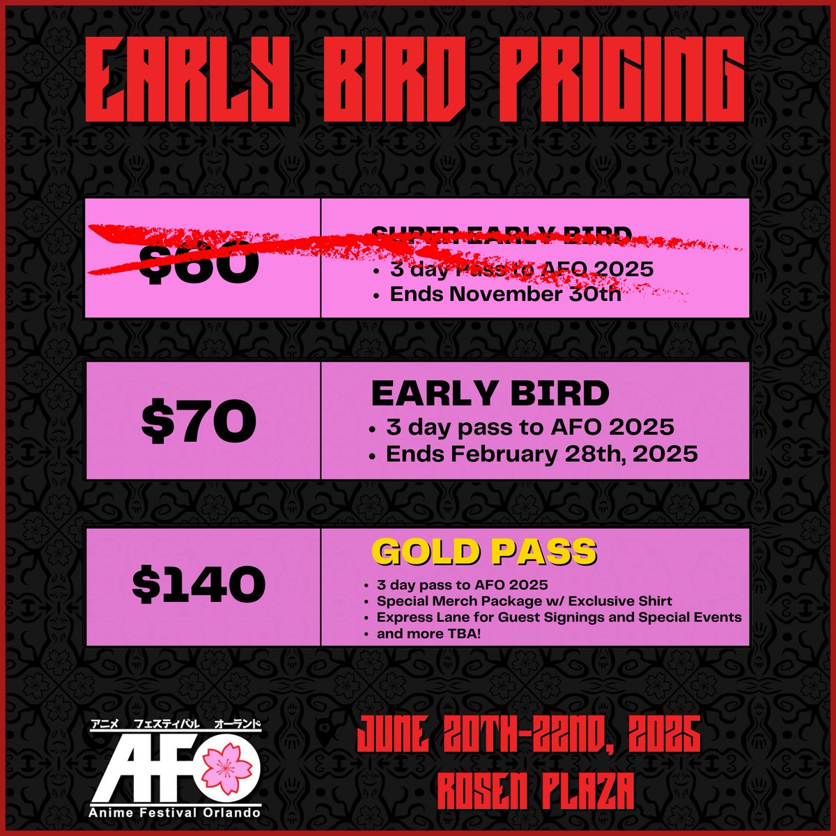 🎉 AFO 2025 Tickets Are On Sale! 🎉
🎟️ Early Bird Pricing $70! (Ends February 28, 2025)
✨ Gold Pass – $140 Includes:
Special Merch Package w/ Exclusive Shirt 👕Express Lane for Guest Signings &amp; Special Events ⚡AND more TBA!

 afo.show or the link in the bio!