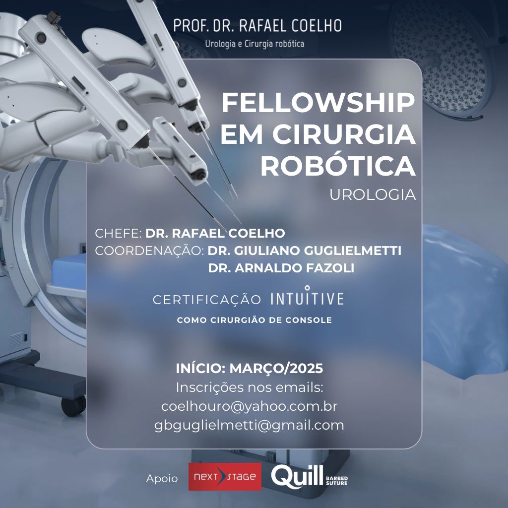 Rafael Coelho (@rafaelfcoelho2) on Twitter photo Programa de fellowship em cirurgia robótica
1 ano de duração
Período integral
Pre requisito - residência em urologia
Participação em cirurgias roboticas (em torno 700 por ano) e atividades diárias 
Certificação como cirurgião de console Programa de fellowship em cirurgia robótica
1 ano de duração
Período integral
Pre requisito - residência em urologia
Participação em cirurgias roboticas (em torno 700 por ano) e atividades diárias 
Certificação como cirurgião de console