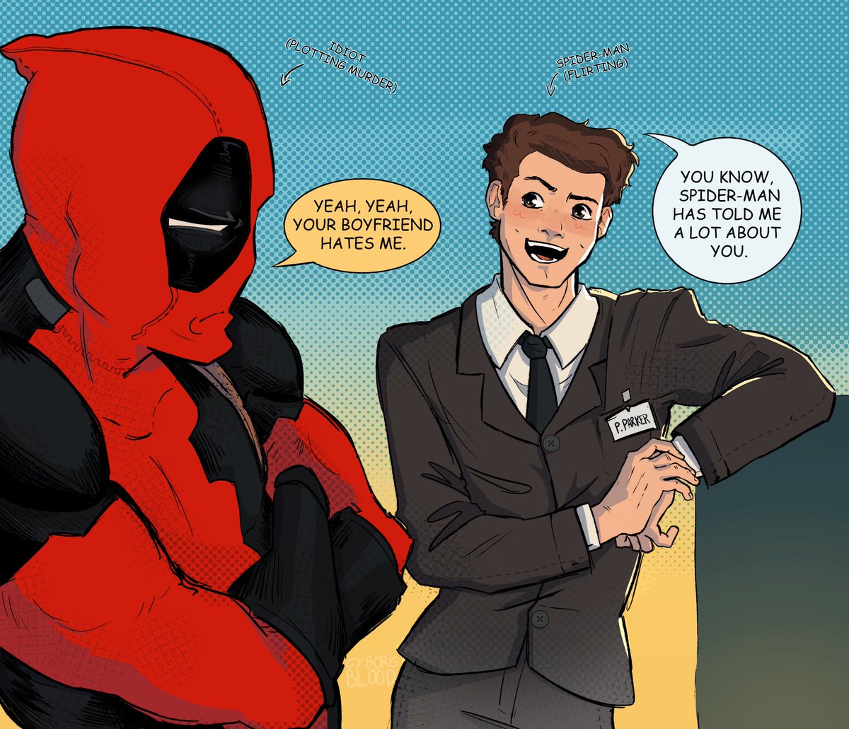cyborg_blood's tweet photo. they have tension #spideypool #peterparker https://t.co/vsMTiP0FuL