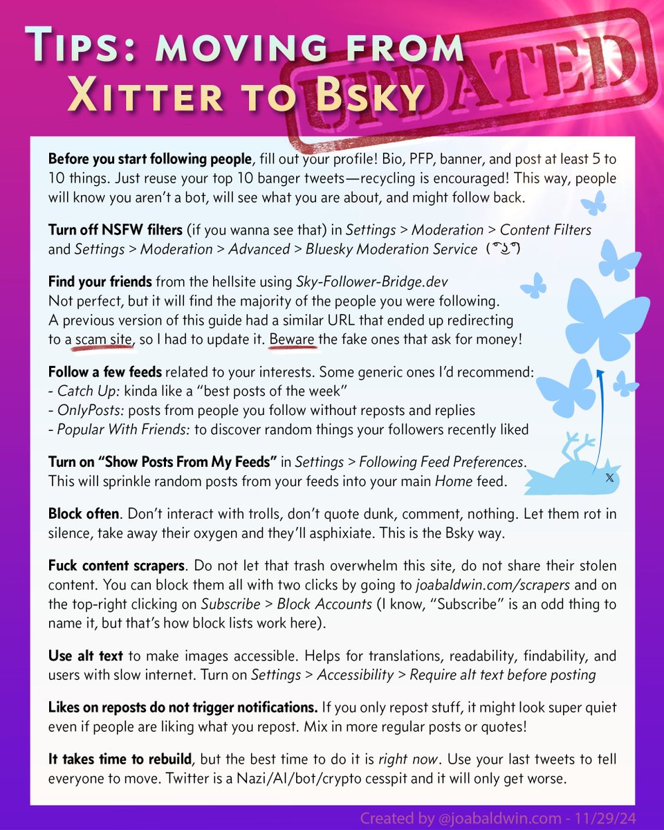 🦋 Share to help everyone move! 🦋
This popular guide has been 🚨updated🚨 and the bad link fixed. Direct links to the tools mentioned can be found in the threaded reply.
If you shared the previous version, please delete it and share this instead.