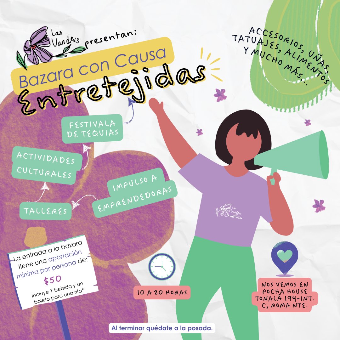 ✨ ¡Ven al bazar con causa ENTRETEJIDAS! 🛍️🎨

Un espacio para impulsar la autonomía económica de mujeres y disidencias con productos, servicios y talleres.

📅 14 de diciembre
⏰ 10 a 20 h
📍 Pocha House, Tonalá 194-C, Roma Norte, CDMX
💜 ¡ENTRETEJÁMONOS!
#LasVanders