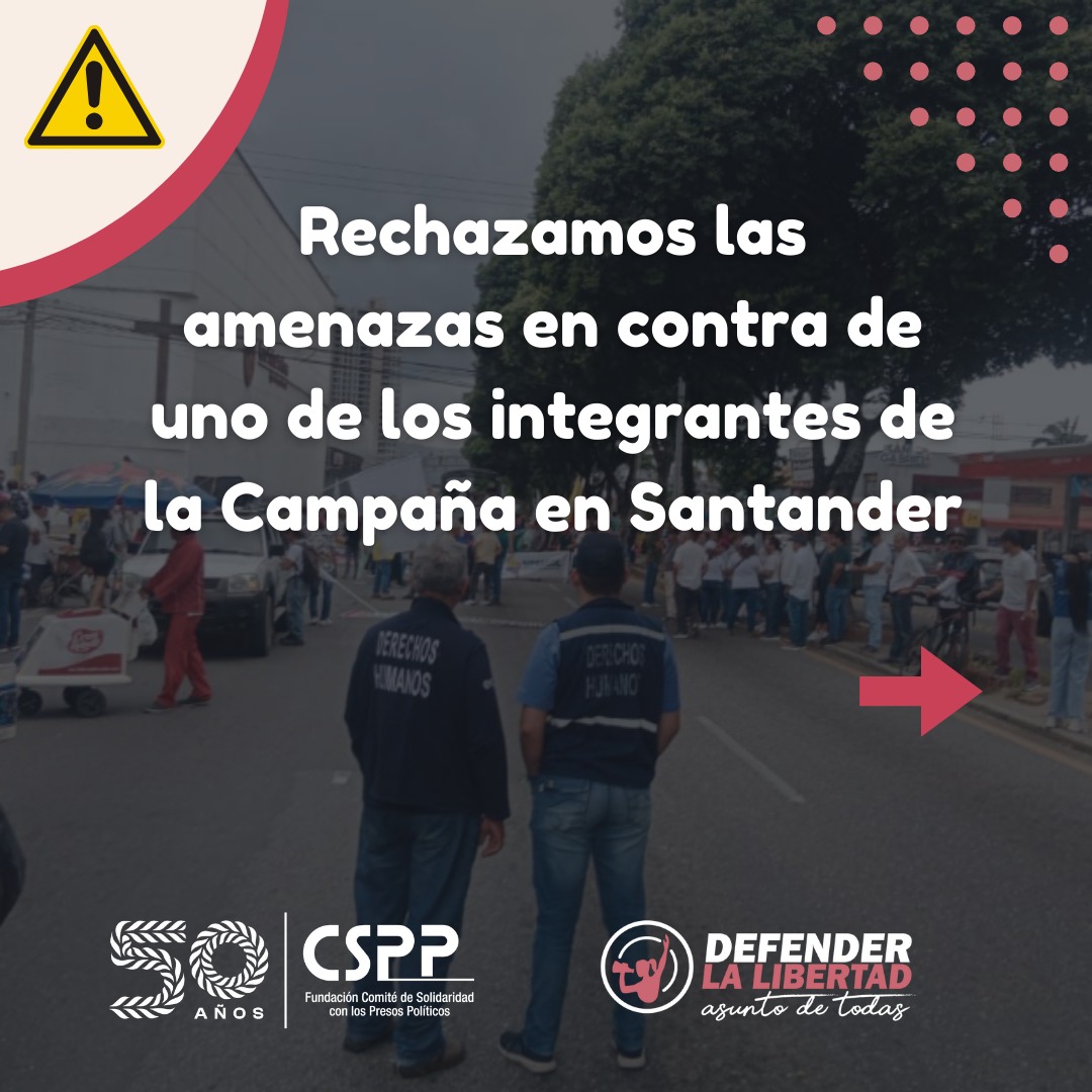 comite_CSPP's tweet photo. ⚠️Rechazamos las amenazas contra la vida e integridad de Santiago Gamboa, defensor de derechos humanos, integrante de la Campaña Defender la Libertad, y vocero de la Mesa Territorial de Garantías de Santander y del Nodo Nororiente de la CCEEU e integrante de la @PazDdhh
🧵🔽 https://t.co/mNXJlsFP2g