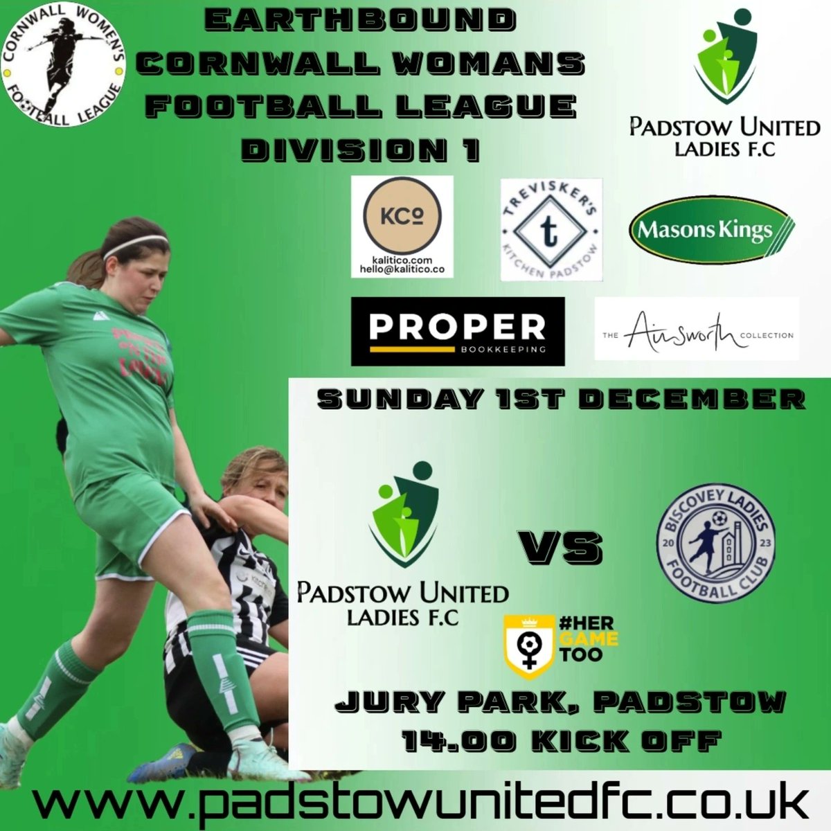Sunday we return to league action needing a big performance.

🏆 <a href="/TheCWFL/">CWFL</a> Earthbound division 1 
⚽️ Biscovey Ladies
⏱️ 2pm Ko 
📍 Jury Park 
☕️ hot and cold drinks available 

Everyone welcome