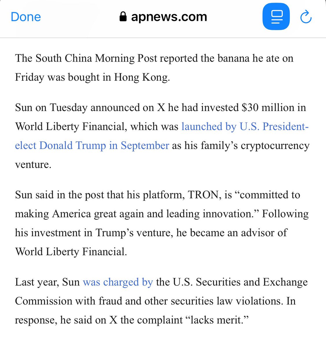 天下第一傻孙宇晨说他已经把花620万美元买的香蕉吃了。其实他吃的香蕉是自己在香港买 的。他被美国证券委员会起诉诈骗，不敢来美国，但他已向川普行贿3千万美元投资于川普的虚拟货币平台，指望着川普上台后赦免他。