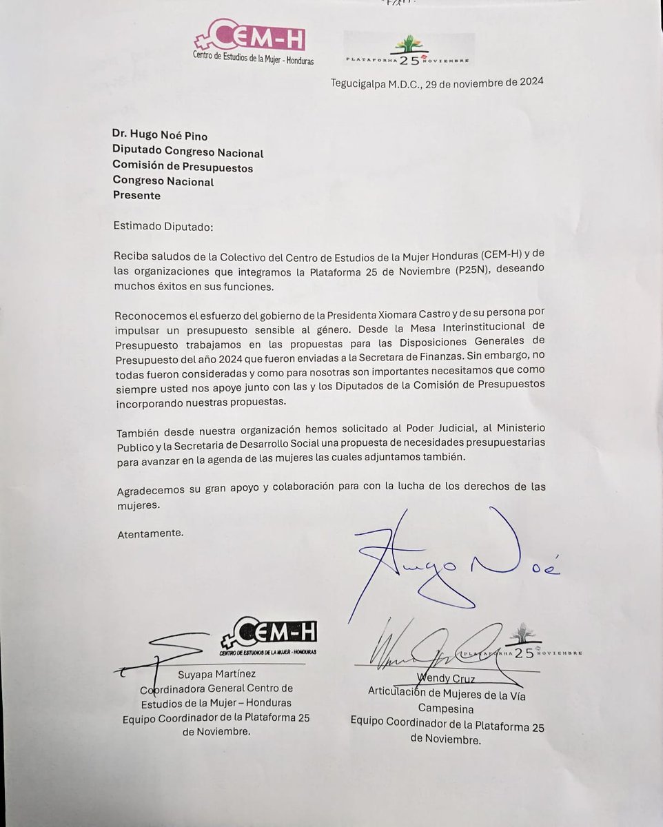 CEM-H (@cemh_h) on Twitter photo La <a href="/Plataforma25no1/">Plataforma25noviembre</a> se reunio esta tarde con el Diputado <a href="/hnoepino/">Hugo Noe Pino</a> Vice Presidente del <a href="/Congreso_HND/">Congreso Nacional de Honduras</a> para abordar las propuestas de las organizaciones de mujeres para las Disposiciones de Presupuesto del año 2025 #RecursosParaLasMujeres eso es justicia social #Cuidados #Justicia La <a href="/Plataforma25no1/">Plataforma25noviembre</a> se reunio esta tarde con el Diputado <a href="/hnoepino/">Hugo Noe Pino</a> Vice Presidente del <a href="/Congreso_HND/">Congreso Nacional de Honduras</a> para abordar las propuestas de las organizaciones de mujeres para las Disposiciones de Presupuesto del año 2025 #RecursosParaLasMujeres eso es justicia social #Cuidados #Justicia