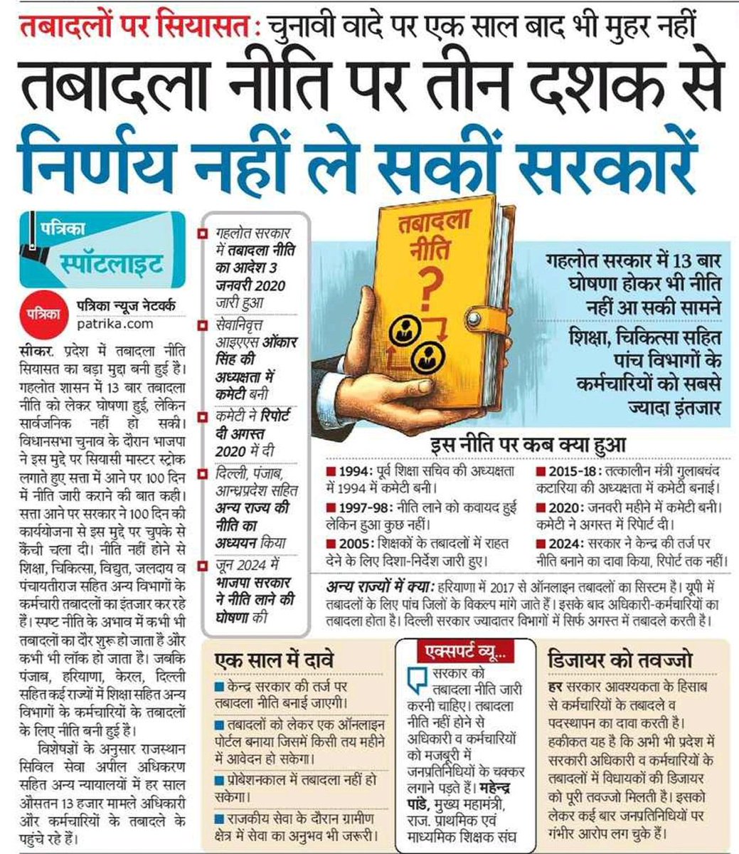 तबादला नीति पर तीन दशक से निर्णय नही ले सकी सरकारें, कब जारी होगी तबादला नीति????
राजस्थान प्राथमिक एवं माध्यमिक शिक्षक संघ
<a href="/BhajanlalBjp/">Bhajanlal Sharma</a> 
<a href="/madandilawar/">Madan Dilawar</a> 
<a href="/BJP4India/">BJP</a>