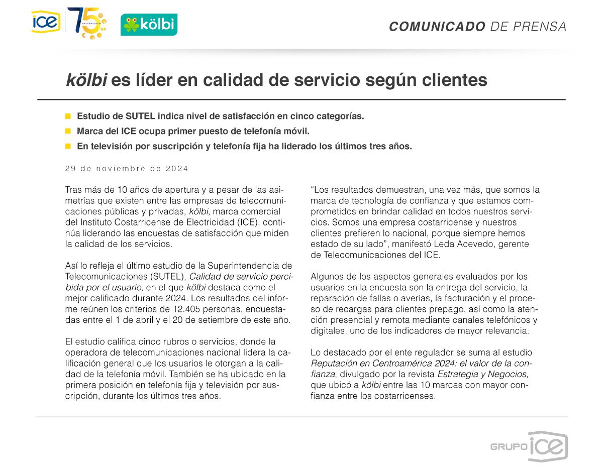 Según estudio de <a href="/SUTEL_CR/">SUTEL</a> la marca comercial del <a href="/GrupoICEcr/">Grupo ICE</a> , <a href="/kolbi_cr/">kölbi</a> es la mejor calificada por sus clientes liderando la percepción positiva en el mercado. Luego de 10 años de competencia en desigualdad de condiciones damos la pelea.