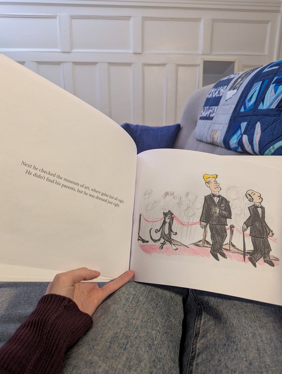 Kids' book with the text "Next he checked the museum of art, where galas last all night/He didn't find his parents, but he was dressed just right" and an image of a tuxedo cat on the red carpet at the Met Gala next to men in tuxedos