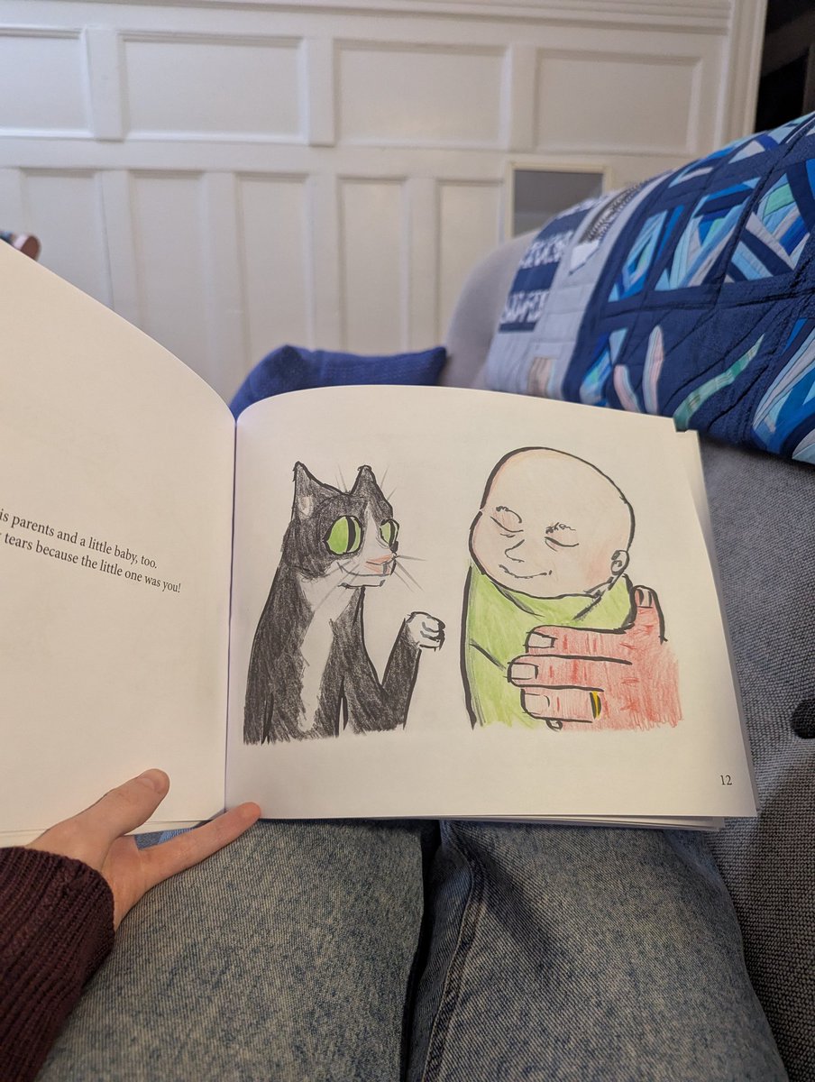 Kids' book illustration of a tuxedo cat and a baby 