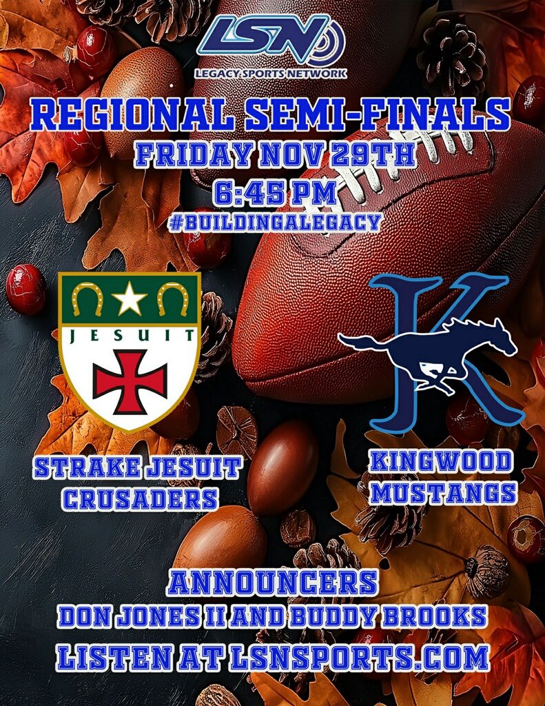 Listen to <a href="/STRAKEJESUITFB/">Strake Jesuit Football</a> vs <a href="/KHSMustangFBall/">“The Kingwood” Mustang Football</a> tonight for free starting at 6:45PM! <a href="/ClutchC/">Don Jones II</a> and <a href="/buddy_brooks/">Buddy Brooks</a> will have the call!