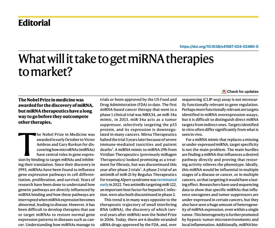 Nature Biotechnology (@naturebiotech) on Twitter photo The <a href="/NobelPrize/">The Nobel Prize</a> in medicine was awarded for the discovery of miRNA, but miRNA therapeutics have a long way to go before they outcompete other therapies go.nature.com/3NTD8R3 The <a href="/NobelPrize/">The Nobel Prize</a> in medicine was awarded for the discovery of miRNA, but miRNA therapeutics have a long way to go before they outcompete other therapies go.nature.com/3NTD8R3