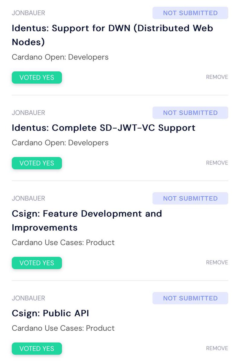 coveloper's tweet image. Catalyst Voters:  A vote for any, or all, of these would greatly help the @csign_io team continue its privacy-preserving work for the Cardano ecosystem.  

Your support is greatly appreciated!