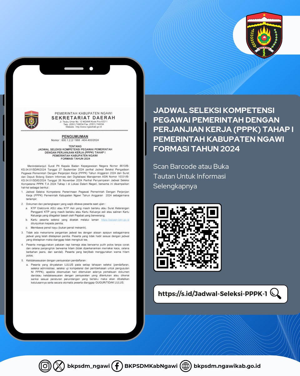 Pengumuman Jadwal Seleksi Kompetensi Pengadaan PPPK Kabupaten Ngawi Tahun 2024

Yuk merapat website BKPSDM Ngawi, nih mimin kasih linknya 👇🏻👇🏻

s.id/Jadwal-Seleksi…

Tengkyu 🫰🏻🫰🏻🫡🫡

<a href="/ngawikab_/">Pemerintah Kabupaten Ngawi</a>

#pppk
#pppk2024
#asnngawi
#asnberakhlak
#banggamelayanibangsa
#pemkabngawi