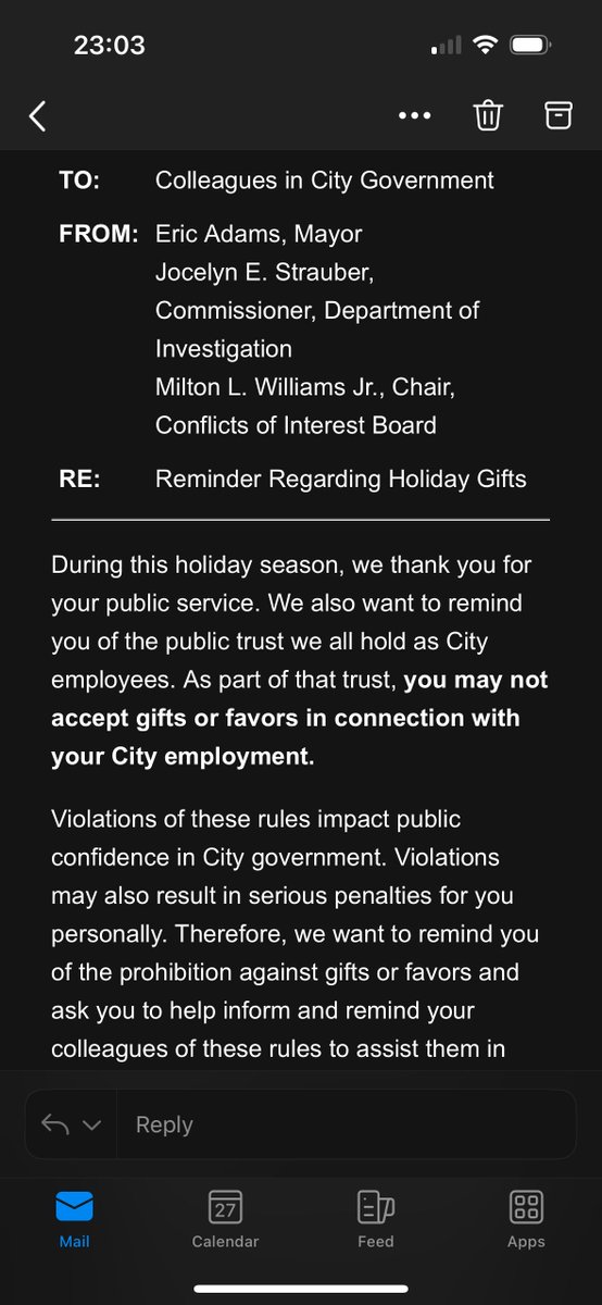 “The fact that Mayor Adams, along with a majority of his cabinet, is either going to be indicted or has resigned for alleged criminal acts and then he has the audacity to remind teachers not to accept a gift, because of ethical impropriety, is the Gods of irony at work,” Forest