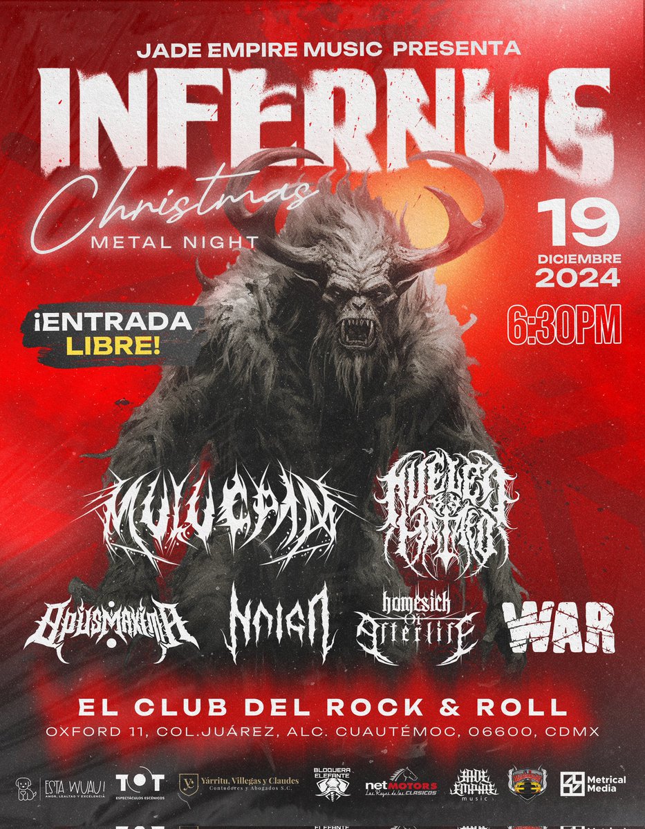 🔥INFERNUS🔥 Christmas Metal Night ☃️❄️🧑🏻‍🎄
#CDMX la última del año, acompáñanos este 19 de Diciembre en esta épica posada metalera.
<a href="/MulucPax/">Muluc Pax</a> <a href="/NAICAmetal/">NAICA</a> <a href="/opusmaxima_band/">Opus Maxima Official</a> y más.

#Christmas #Xmas #metal #metalmusic #homesickofafterlife #Navidad #posada #KRAMPUS