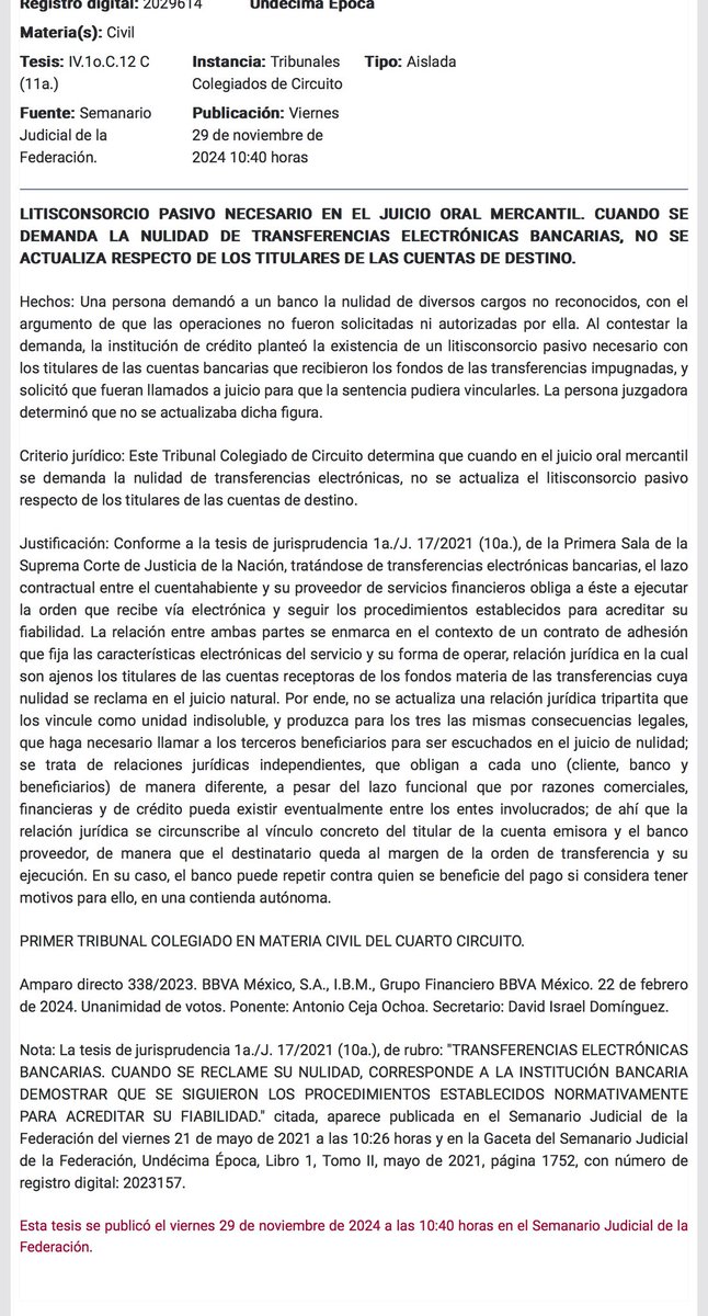 JonathanLpezTor's tweet image. ✅ Criterio judicial publicado hoy:

LITISCONSORCIO PASIVO NECESARIO EN EL JUICIO ORAL MERCANTIL. CUANDO SE DEMANDA LA NULIDAD DE #TRANSFERENCIAS ELECTRÓNICAS #BANCARIAS, #NO SE ACTUALIZA RESPECTO DE LOS TITULARES DE LAS CUENTAS DE DESTINO. 

No le dan la razón a BBVA.